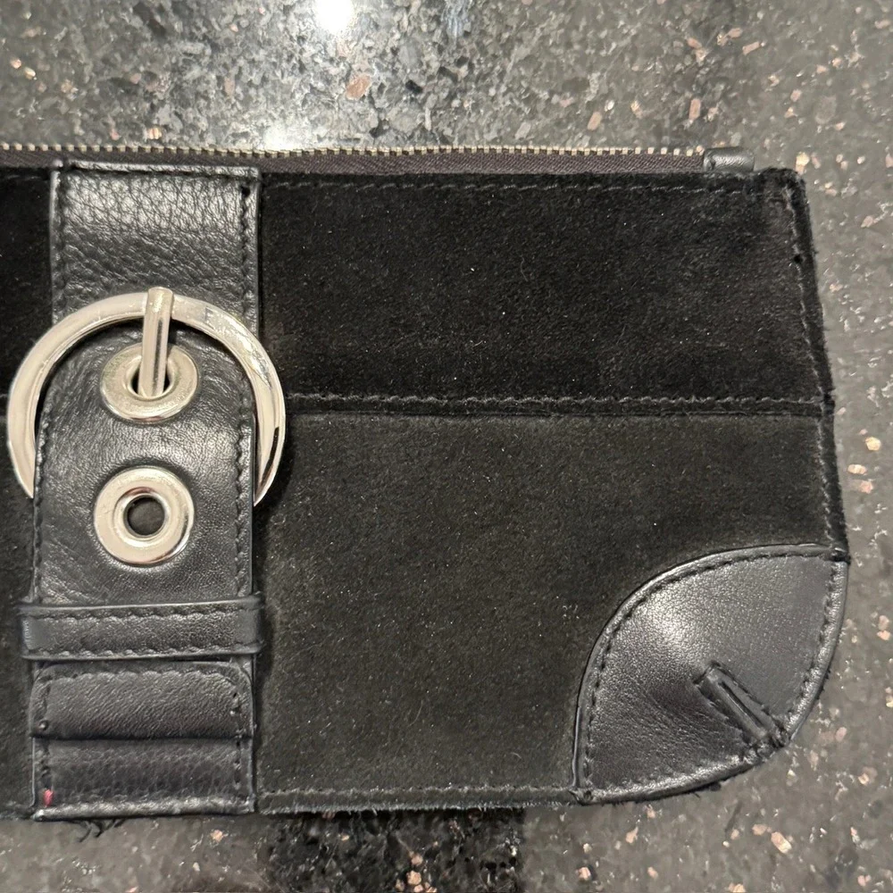 Black‎ Suede Leather Wristlet Clutch Bag Purse Buckle Detail Zip Top Moto Style
